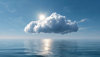 Naklejka premium Single cumulus cloud over placid ocean, bright sun