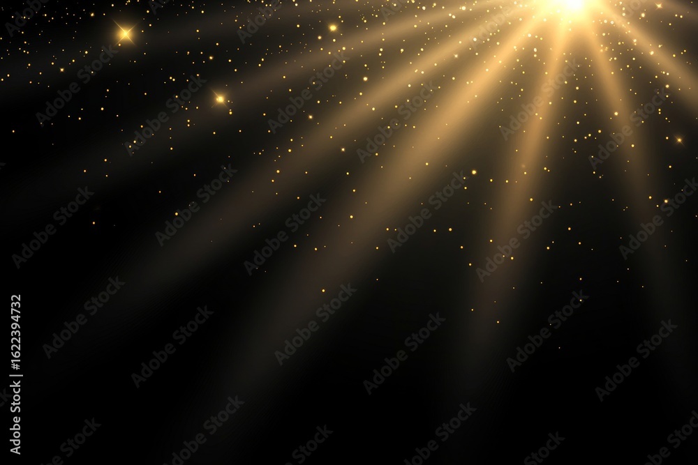 Wall mural glowing golden light rays and sparkling particles create a magical backdrop for celebrations