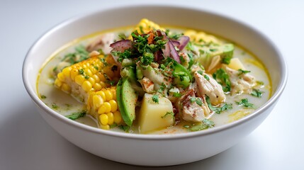 Serving of Chicken Soup with Corn and Avocado in White Bowl