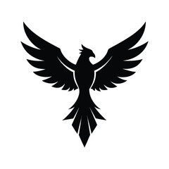 A striking black silhouette of a phoenix with its wings fully extended, poised for flight against a white background.