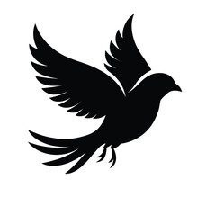 A stylized black silhouette of a bird with its wings spread wide, captured mid-flight against a white background.