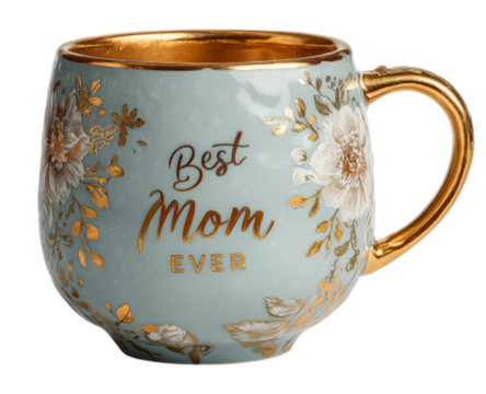 delicate tea cup with  floral pattern and printed text "Best Mom Ever", pastel color, Perfect Mother's Day gift. isolated on Transparent Background with Clipping Path.