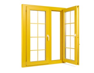 Obraz premium An eye-catching vivid yellow window with a multi-pane design opens to the outside world