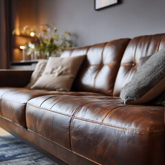 Fototapeta premium Close up of a tufted brown leather sofa with throw pillows in a living room brown sofa interior