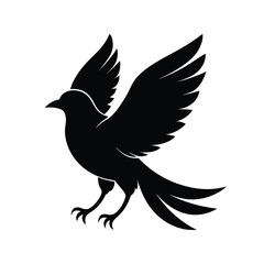 Obraz premium A stylized black silhouette of a bird with its wings fully extended, captured mid-flight against a white background.