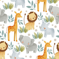 Cotton fabric Seamless pattern with cute jungle animals including lion giraffe elephant and rhino in watercolor style ideal for nursery kids apparel baby shower and safari themed decorations
