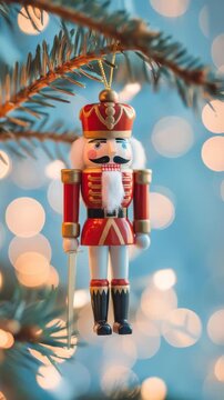 Red nutcracker ornament with sword hanging on Christmas tree. Classic holiday soldier decoration concept.

