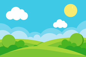 Sunny Spring Meadow Cartoon Background with Clear Sky and Clouds