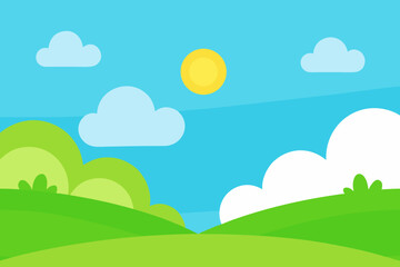 Sunny Spring Meadow Cartoon Background with Clear Sky and Clouds