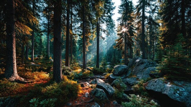 Sunlight filters through a dense forest of pines