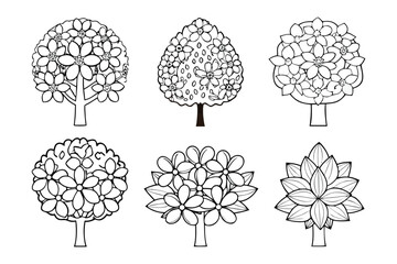 Blooming Trees Sketch: A collection of six sketched blooming trees, each showcasing unique leaf and flower formations, rendered in a captivating line art style. Embodying botanical charm.