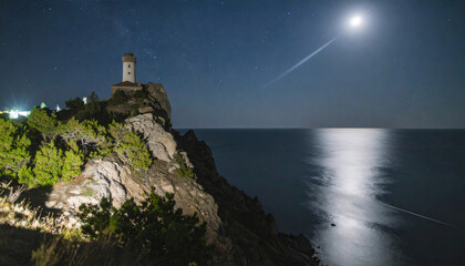 Serene nightscape of a coastal lighthouse with moonlight reflecting on the tranquil sea.