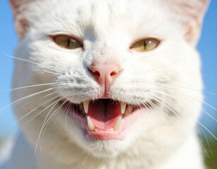 Cute of a white cat smile close up.
