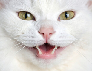 Cute of a white cat smile close up.