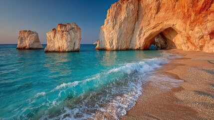 Fototapeta premium Sunrise beach with vibrant turquoise water and dramatic limestone cliffs