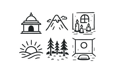 hand drawn cute doodle style line isolated on white background spiritual (scenes): temple mountain candlelit room sunrise forest clearing silent space