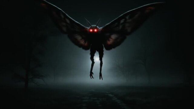 Mysterious mothman creature with glowing red eyes in a dark forest.