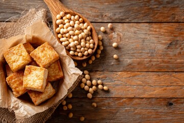 Fototapeta premium Fried tofu squares rest in a paperlined container with a wooden spoon full of soybeans on a rustic wooden table