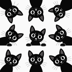 Nine curious black cats peeking from different angles