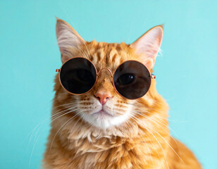 Portrait of funny ginger cat wearing sunglasses isolated on light cyan.