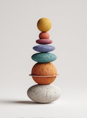 Colorful stack of textured spheres and ovals balanced on a light background