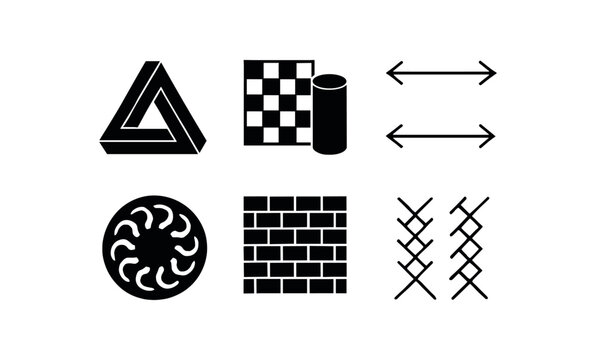 flat black solid icon items isolated on white background optical illusion (examples): Penrose triangle checker shadow Muller Lyer rotating snakes cafe Zollner lines