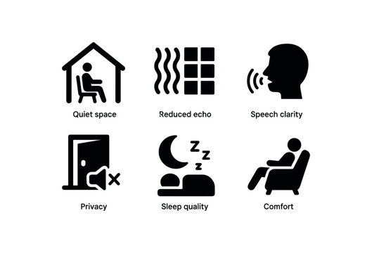 flat black solid icon items isolated on white background soundproofing (benefits): quiet space reduced echo speech clarity privacy sleep quality comfort