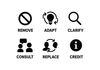 flat black solid icon items isolated on white background cultural appropriation filter (responses): remove adapt clarify consult replace credit