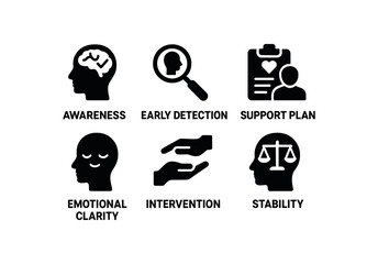 flat black solid icon items isolated on white background mental health check (outcomes): awareness early detection support plan emotional clarity intervention stability