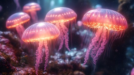 A group of bioluminescent jellyfish glowing elegantly underwater, gracefully surrounded by vibrant aquatic life in a serene ocean setting.