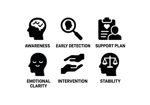 flat black solid icon items isolated on white background mental health check (outcomes): awareness early detection support plan emotional clarity intervention stability