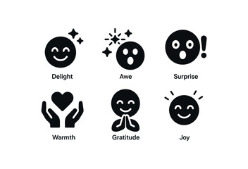 flat black solid icon items isolated on white background serendipity (feelings): delight awe surprise warmth gratitude joy