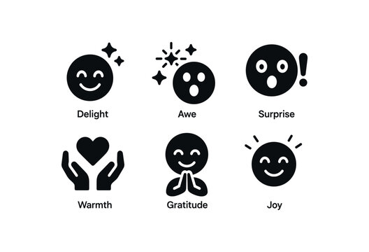 flat black solid icon items isolated on white background serendipity (feelings): delight awe surprise warmth gratitude joy