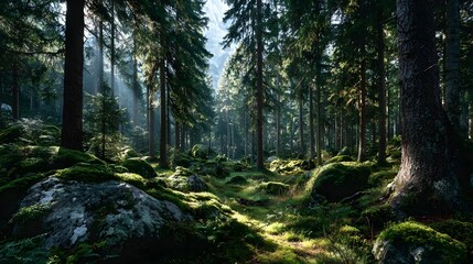 Obraz premium Mossy Forest with Sunlight