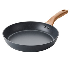 non-stick frying pan with wooden handle on transparent isolated background