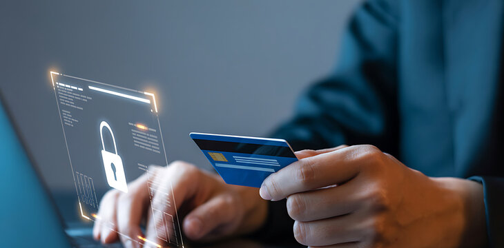 Secure online transaction with credit card and laptop - Powered by Adobe