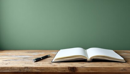 Open book, pen on wooden table, sage green wall