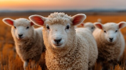 Fototapeta premium Three fluffy lambs in a golden field at sunset