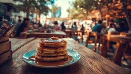Stack of pancakes on a plate, outdoor cafe setting