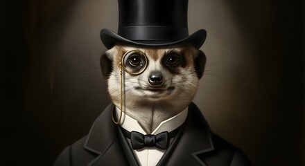 Aristocratic Meerkat Portrait with Monocle and Top Hat, A Sophisticated Meerkat Gentleman in a Tailored Suit and Bow Tie