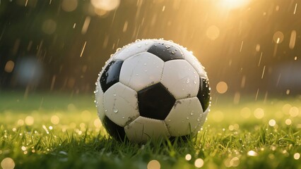Naklejka premium Soccer Ball with Water Drops on Rainy Grass, Football Sport Scene, Sports Event Atmosphere
