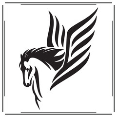 Winged Horse Silhouette – Pegasus Design with Elegant Wings – Black and White Vector Icon for Fantasy, Mythical Creatures, and Horse-Themed Illustrations