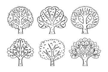 Diverse Tree Silhouettes: A collection of six unique tree silhouettes, artfully illustrated to showcase various tree forms and foliage structures.