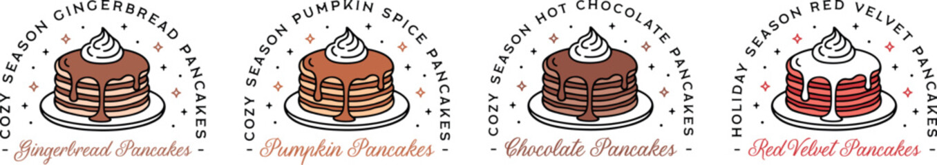 Pancakes stack flavor logo cozy fall holiday winter season aesthetic packaging label sticker design bundle pack. Pumpkin chocolate red velvet gingerbread flavored breakfast retro illustration clipart.