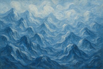 Obraz premium Abstract Mountain Range Painting in Shades of Blue and White with Textured Brush Strokes and Dreamy Atmosphere