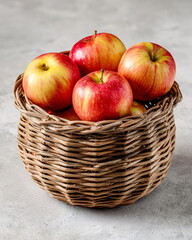 round wicker basket filled with fresh apples, rustic food shot on white