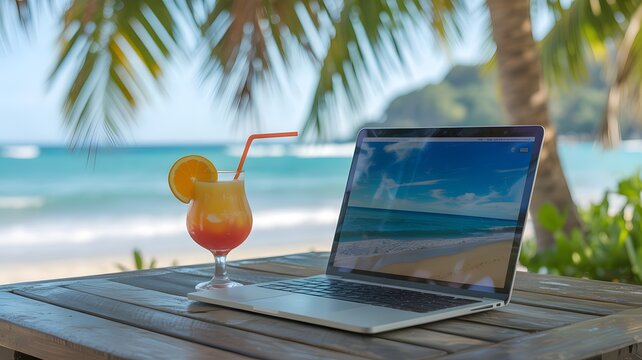 Laptop and cocktail on wooden table with tropical beach background vacation