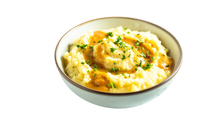 Mashed potatoes with gravy and herbs in a bowl, isolated on transparent background.