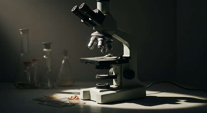 Photograph an unused lab microscope with dusty lenses and dried sample slides left beside it. Natural side lighting for dramatic effect. Focus on textures and silence.

