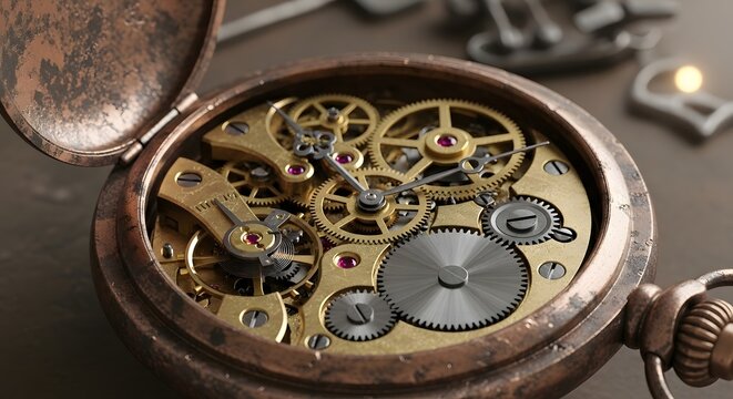 Detailed Watch Mechanism Close-Up, Antique Pocket Watch Gears and Components